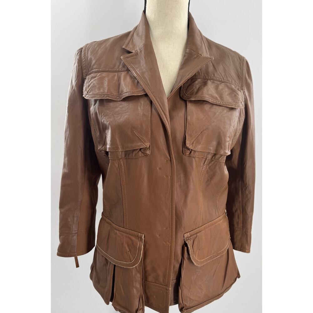 9/15 Exclusively for Saks Fifth Ave Brown Leather Utility Jacket Blazer 10 M